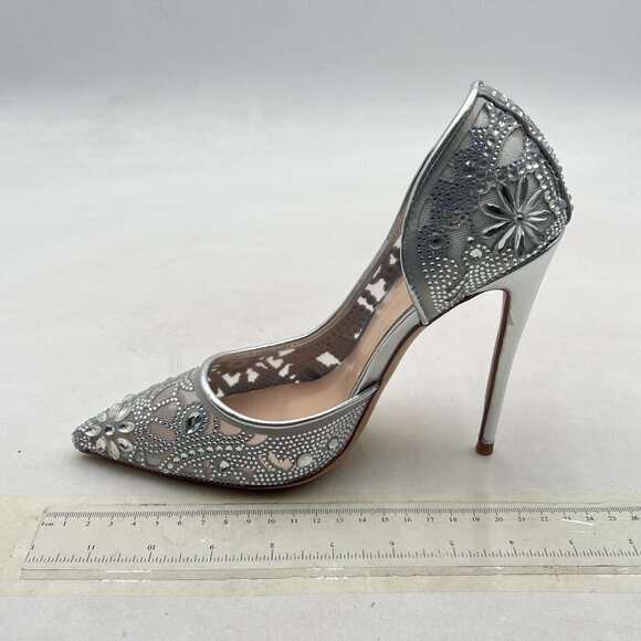 XYD Silver Bride Shoes for Wedding Day High Heel D'Orsay Slip On Studded Pumps - Picture 1 of 7